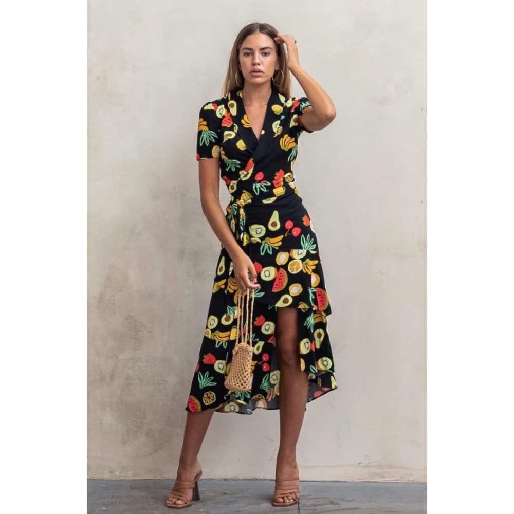 Never Fully Dressed Fruit Print Dress Black High Low Ruffle Summer Small